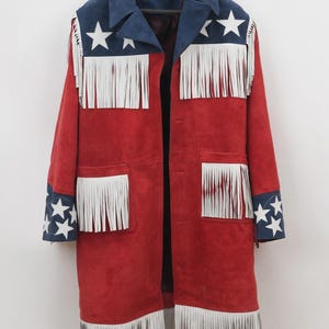 Abrigo de ante con flecos estilo vaquero con bandera estadounidense, hecho a mano por PeterSign. Gabardina vaquera. Abrigo de cuero vintage con flecos para hombre y mujer.
