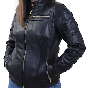 PeterSign Handmade Women's Stylish Motorcycle Real Lambskin Leather Jacket, Women Black Leather Jacket Cafe Racer Leather Jacket for Women