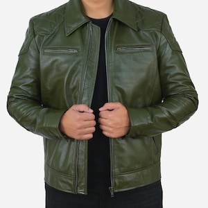 Blouson en cuir vert de style vintage fait main PeterSign pour homme | Blouson de motard en cuir matelassé à losanges pour homme, cadeau pour lui