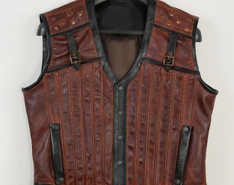 PeterSign HandCrafted Mens Vintage Viking Leather Vest – Distressed Brown Medieval Style Waistcoat – Renaissance Fair, LARP, Cosplay Costume