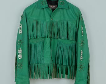 PeterSign Womens HandCrafted Western Cowgirl Green Fringe Leather Jacket Vintage Womens Fringe Leather Jacket | Men And Women Sizes