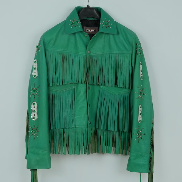 PeterSign Womens HandCrafted Western Cowgirl Green Fringe Leather Jacket Vintage Womens Fringe Leather Jacket | Men And Women Sizes