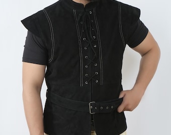 PeterSign Handmade Men's Medieval Leather Vest – Real Suede Viking Renaissance LARP Costume in Black or Brown - Jerkin Coat Halloween