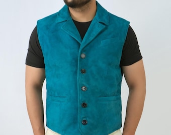 Men’s Aqua Blue Suede Leather Waistcoat | Handmade Genuine Suede Vest | Classic Button-Up Leather Vest for Men | Western Groomsmen Outfit