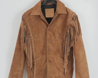 PeterSign Men’s Cowboy Suede Fringe Leather Jacket – Western Style Vintage Brown Coat - Rodeo outerwear