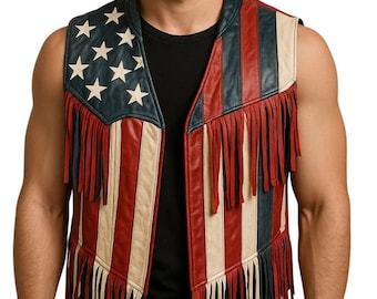 PeterSign HandCrafted Custom American Flag Leather Fringe Vest, Cowboy Western Patriotic Festival Outfit, Available in Men, Women Sizes.