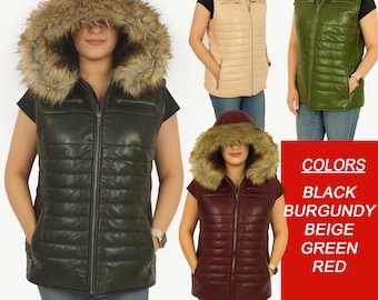 Women’s Lambskin Leather Vest | Faux Fur Hooded Parka | Warm Winter Leather Vest | Shearling Style Vest for Women