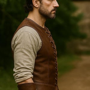 May include: A brown leather vest with a laced front, worn over a long-sleeved beige shirt. The vest has a dark brown trim and is paired with matching brown arm guards. The outfit is reminiscent of historical or fantasy attire.