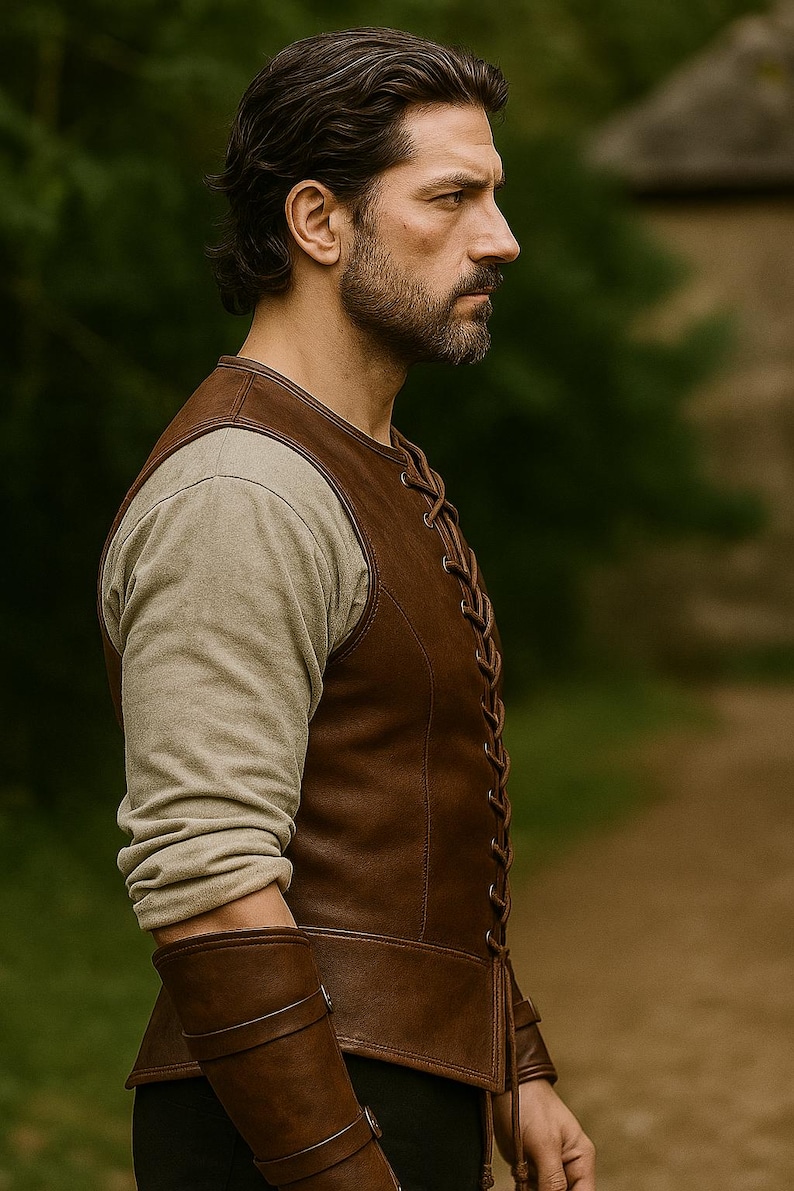 May include: A brown leather vest with a laced front, worn over a long-sleeved beige shirt. The vest has a dark brown trim and is paired with matching brown arm guards. The outfit is reminiscent of historical or fantasy attire.