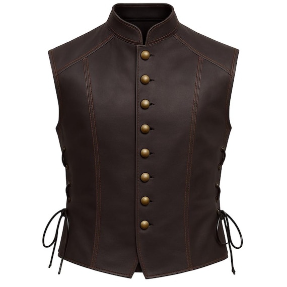 PeterSign Hand Crafted Mens Vintage Renaissance Leather Vest | Medieval Brown Leather Vest with Matching Leather Bracers