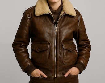 Women’s Vintage Aviator Leather Bomber Jacket Natural Fur Collar