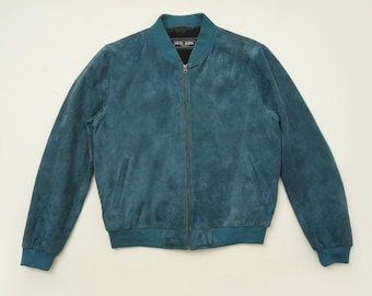 Men’s Blue Suede Bomber Jacket | Genuine Leather Zip Jacket | Handmade Blue Suede Bomber | Soft Leather Jacket for Men Gift
