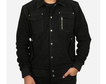 Handmade Black Suede Leather Bomber Jacket - Ribbed Cuffs, Multi-Pocket