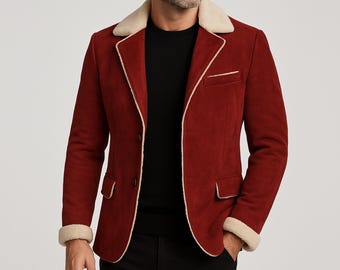 Red Suede Santa Blazer – Fur Collar Christmas Party Jacket