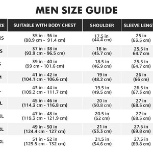 May include: A white and black size guide for men's clothing, with measurements in inches and centimeters. The guide includes sizes from 2XS to 4XL, detailing chest, shoulder, and sleeve lengths. The text "MEN SIZE GUIDE" is at the top.