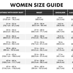 Puede incluir: Tabla de tallas para mujeres con medidas en pulgadas y cent&iacute;metros para el busto, la cintura, el hombro y la longitud de la manga. Las tallas van desde 2XS hasta 4XL.