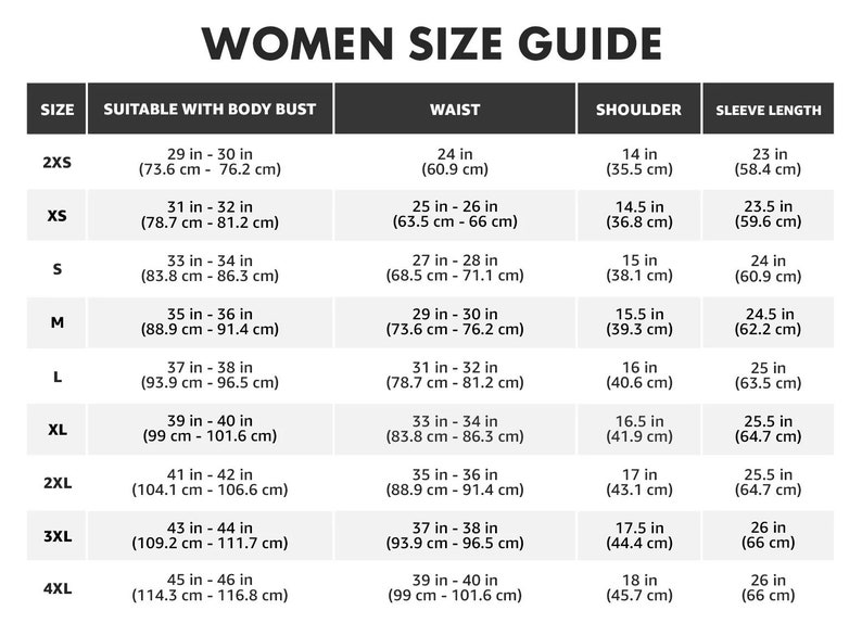 Puede incluir: Tabla de tallas para mujeres con medidas en pulgadas y cent&iacute;metros para el busto, la cintura, el hombro y la longitud de la manga. Las tallas van desde 2XS hasta 4XL.