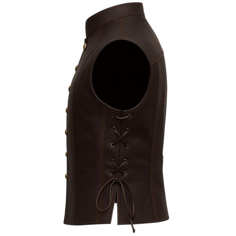 May include: A brown leather vest with a mandarin collar and gold-colored buttons. The vest has a lace-up detail on the side and a tailored fit. The vest is sleeveless and has a classic, vintage style.