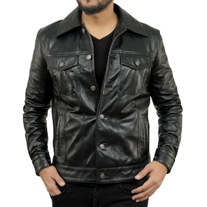 Chemise en cuir fabriquée à la main PeterSign pour homme - Cuir d'agneau - Lederhemd Leder Schwarz Shirt Veste camionneur en cuir d'agneau