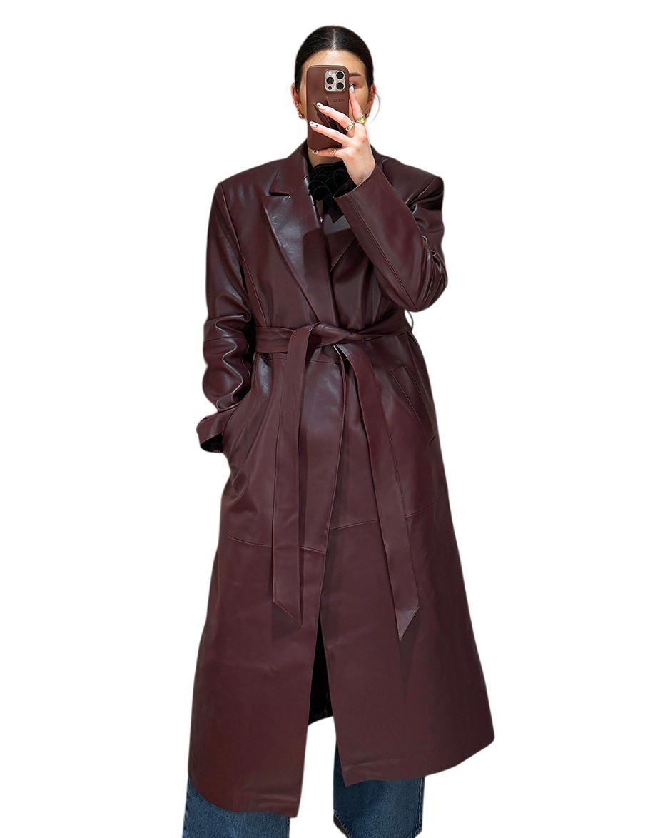 PeterSign Handmade Women's Burgundy Leather Long Coat Real Lambskin Long Winter Coat Real Maroon Leather Trench Coat Gift for Her