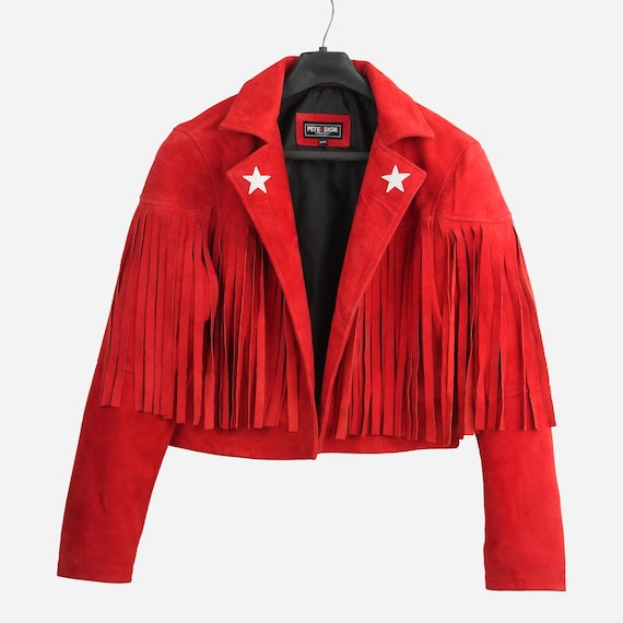 Red Suede Fringe Cowgirl Jacket: Western Star Detail