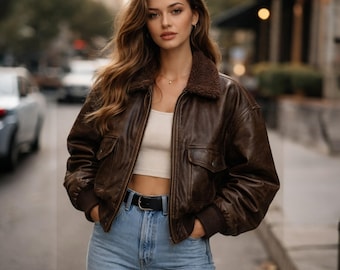 Women’s Oversized Vintage Brown Leather Bomber Jacket – Retro Aviator Streetwear Style
