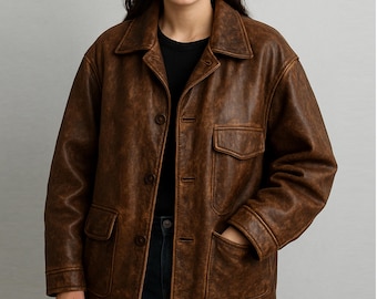 Oversized Vintage Brown Distressed Leather Jacket for Women – Real Leather Coat, Retro Jacket, Grunge Fashion, Women’s Outerwear