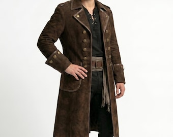 Men’s Brown Suede Leather Pirate Trench Coat Handmade | Pirate Cosplay Costume | Vintage Style Coat for Men | Medieval Long Coat