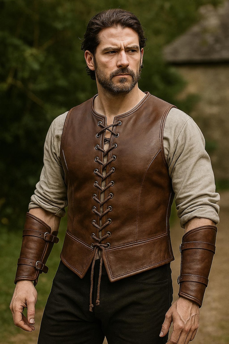 May include: A brown leather vest with a lace-up front and matching arm cuffs. The vest is worn over a long-sleeved, light-coloured shirt. The cuffs have buckle details. The overall style suggests a historical or fantasy theme.