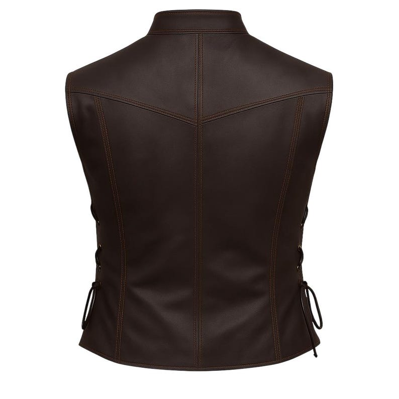 May include: A brown leather vest with a mandarin collar and decorative stitching. The back of the vest features a tailored design with vertical seams and side laces for adjustment. The vest is a solid color and has a classic, timeless style.