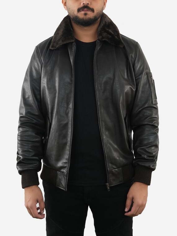 PeterSign Crafted Men's Black Bomber Leather Jacket with Faux Shearling Collar, Real Lambskin Winter Bomber Jacket | Perfect Gift for Him