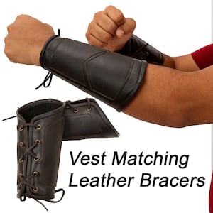 May include: Dark brown leather bracers with a laced design and stitched details. The bracers are shown on a person's arm, with a matching set displayed below. The text "Vest Matching Leather Bracers" is visible.