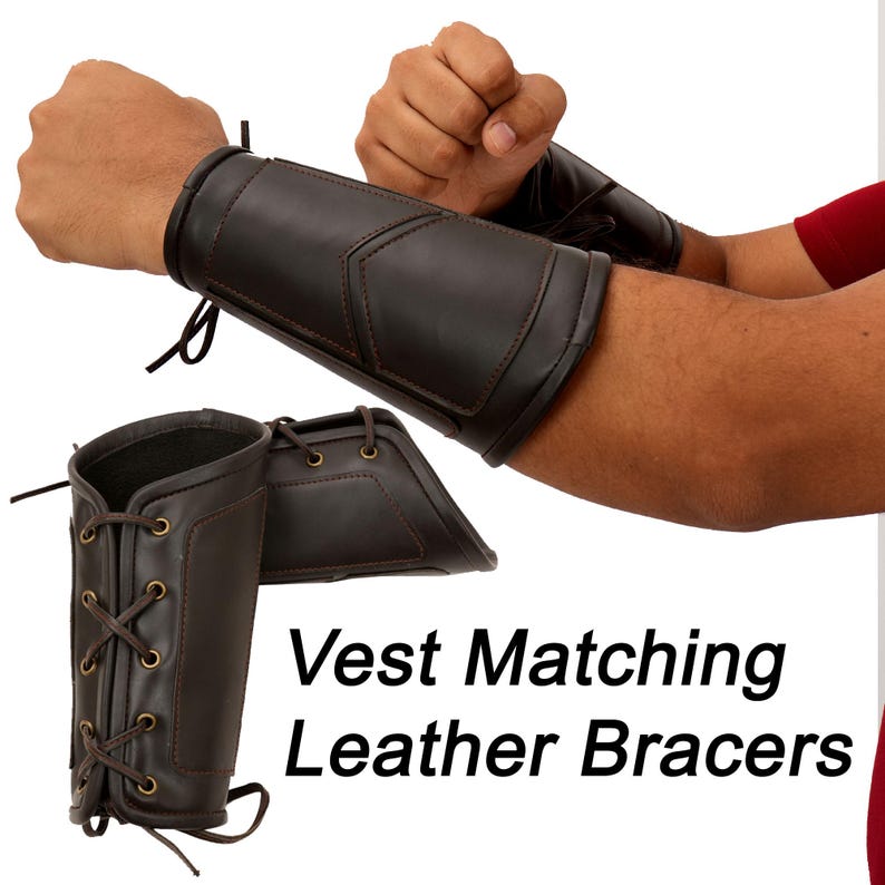May include: Dark brown leather bracers with a laced design and stitched details. The bracers are shown on a person's arm, with a matching set displayed below. The text "Vest Matching Leather Bracers" is visible.