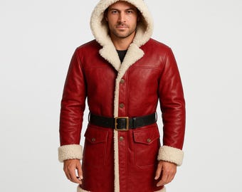 Men’s Santa Claus Red Cowhide Leather Coat with Hood – Christmas Natural Fur Trim Belted Jacket, Holiday Long Leather Costume, Winter Outfit