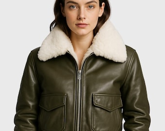 Women’s Olive Green G-1 Flight Bomber Jacket – Handcrafted US Navy Style Leather Coat