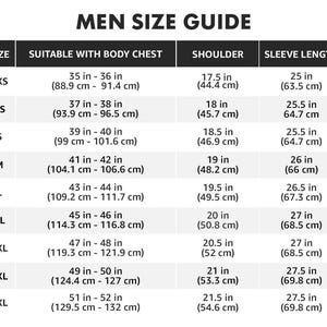 May include: A white chart titled "MEN SIZE GUIDE" with size measurements in inches and centimetres. The chart includes sizes from 2XS to 4XL, detailing chest, shoulder, and sleeve length measurements.