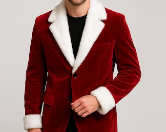 Santa Claus Red Velvet Blazer Coat – Faux Fur Collar Christmas Jacket, Holiday Outfit