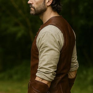 May include: A brown leather vest and matching arm guards are worn over a long-sleeved, light-coloured shirt. The vest has a classic design, and the arm guards are secured with buckles. The background is a blurred green, suggesting an outdoor setting.