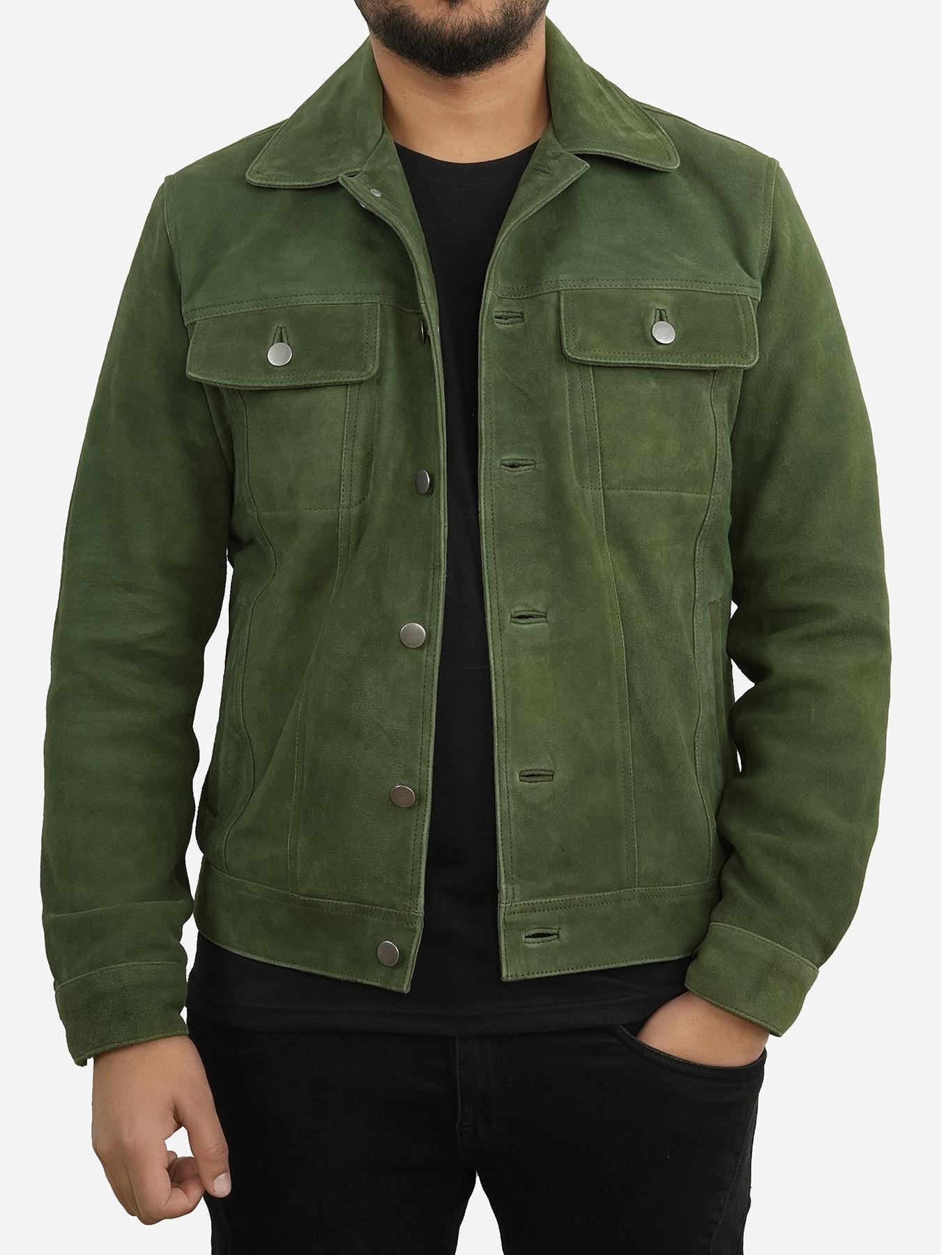 PeterSign Handmade Classic Green Suede Trucker Leather Jacket Denim Style Leather Shirt for Men Durable and Premium Quality Suede Jacket