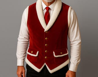 Santa Costume Men’s Velvet Christmas Vest – White Faux Fur Trim Waistcoat, Handmade Holiday Outfit