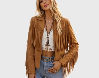 Womens Boho Suede Fringe Jacket - 1970s Vintage Brown Western Bohemian Fringe Suede Leather Jacket - Handmade Cowgirl Festival Jacket