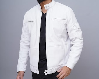 Handmade White Lambskin Leather Biker Jacket: Cafe Racer Style
