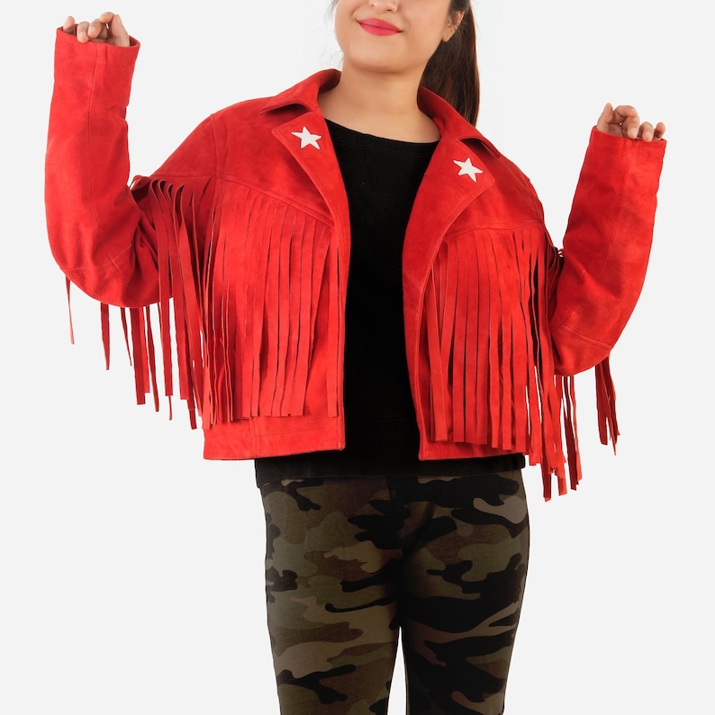 Chaqueta vaquera con flecos de ante rojo: detalle de estrella del oeste imagen 3