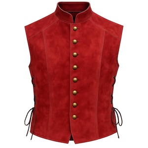 May include: A red suede vest with a mandarin collar and brass-colored buttons. The vest has a tailored fit, with side laces for adjustment. The sleeveless design and rich color suggest a historical or theatrical theme.