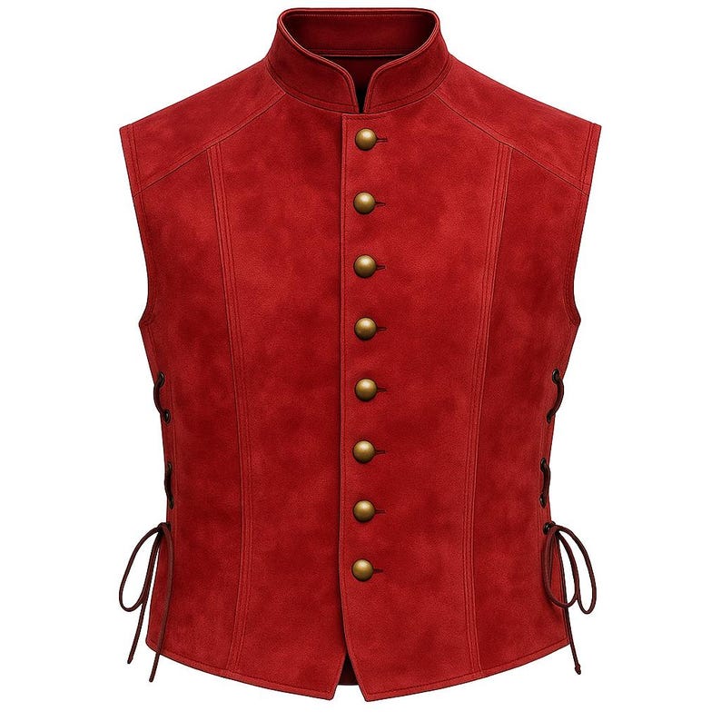 May include: A red suede vest with a mandarin collar and brass-colored buttons. The vest has a tailored fit, with side laces for adjustment. The sleeveless design and rich color suggest a historical or theatrical theme.