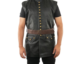 PeterSign Handgemaakt zwart middeleeuws leren herenvest Vest van echt leren jack - vintage vest met afneembare mouwen | Middeleeuws cadeau