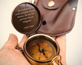 Personalized Brass Compass With Engraving Vintage Pocket Compass With Leather Case - Gift for him, Husband, Dad, Groom, Anniversary Keepsake
