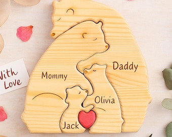 Casse-tête personnalisé en bois pour la famille des ours - Souvenir gravé personnalisé - Déco australienne faite main pour chambre d'enfant - Baby shower et cadeau pour les nouveaux parents