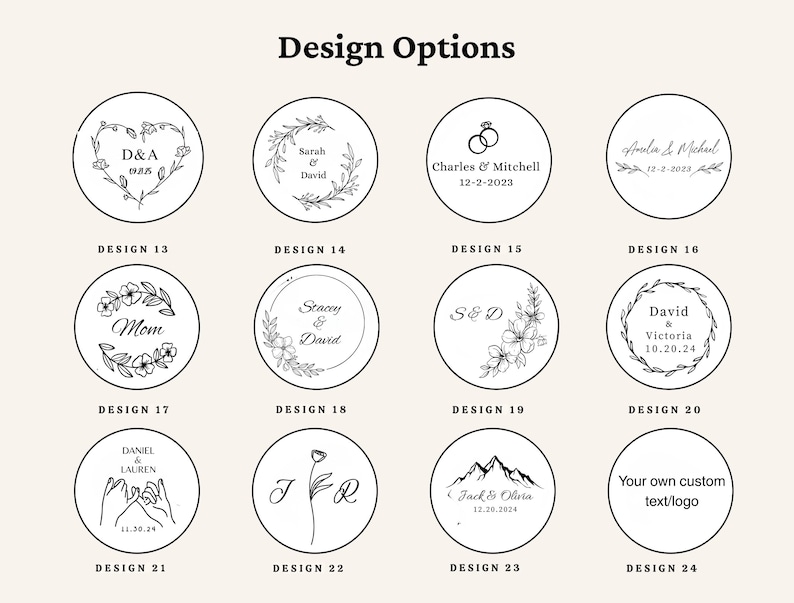 Pode incluir: Uma cole&ccedil;&atilde;o de op&ccedil;&otilde;es de design para produtos personalizados. Cada design &eacute; um gr&aacute;fico circular com arte de linha preta. Os designs incluem nomes, datas, elementos florais e uma paisagem montanhosa. O texto inclui "Design Options" e n&uacute;meros de design.