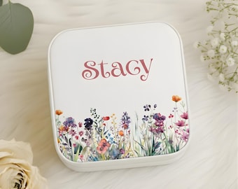 Boîte à bijoux personnalisée avec nom et fleurs sauvages | Mallette de voyage avec miroir | Organiseur de bijoux personnalisé | Cadeau de proposition de demoiselle d'honneur